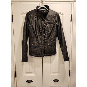 Celebrity Pink Women Black Faux Leather Motorcycle Jacket Sz M Zip Button Patch